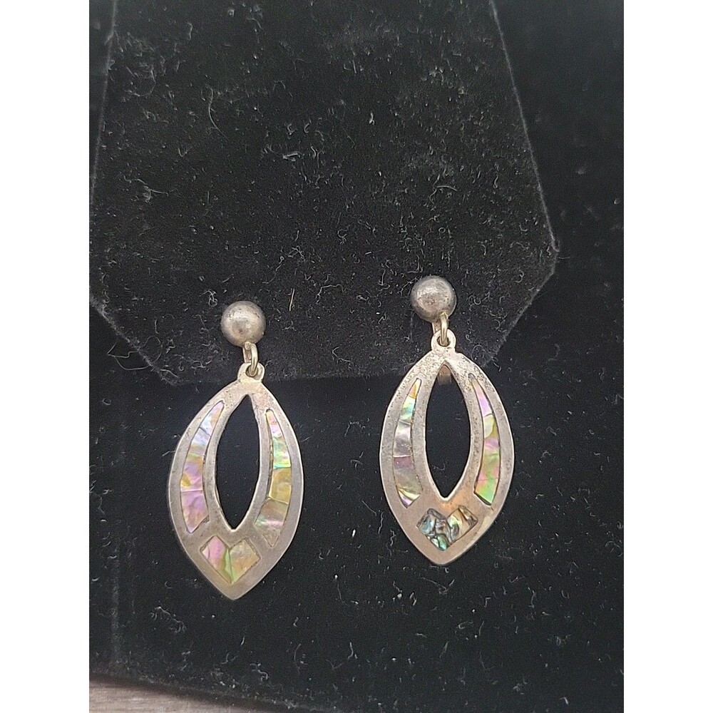 Mexico Sterling Silver Earrings 925 Screw Back Abalone Alpaca Vtg Dangle Hoop